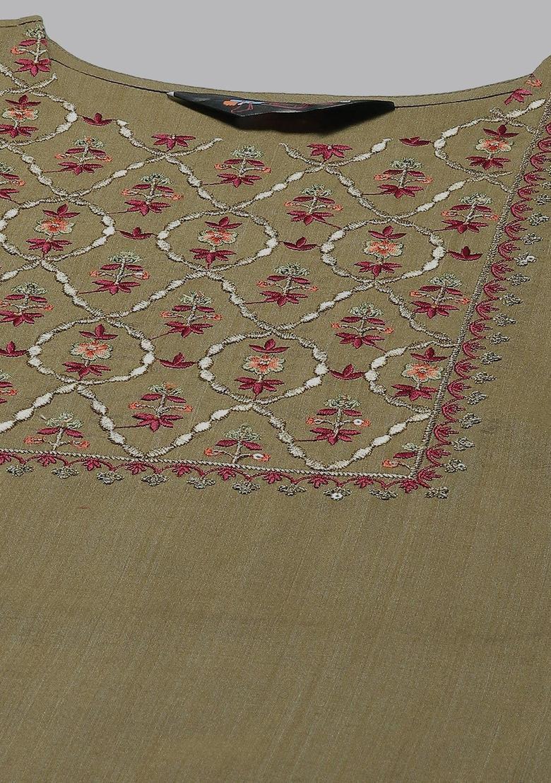 Olive Embroidered Silk Kurta Set - Indya