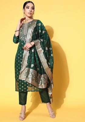 Green Woven Design Silk Kurta Set