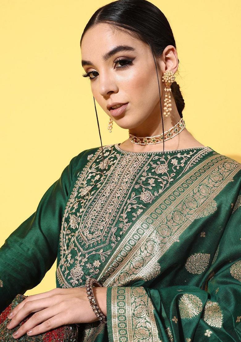 Green Woven Design Silk Kurta Set - Indya