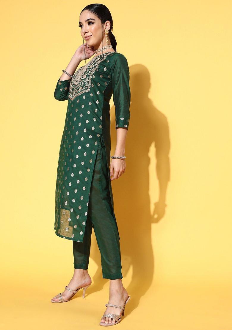 Green Woven Design Silk Kurta Set - Indya