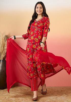 Red Printed Viscose Kurta Set