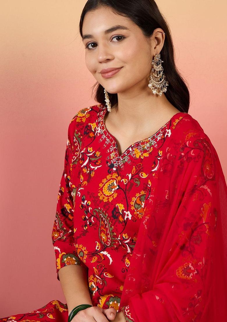Red Printed Viscose Kurta Set - Indya