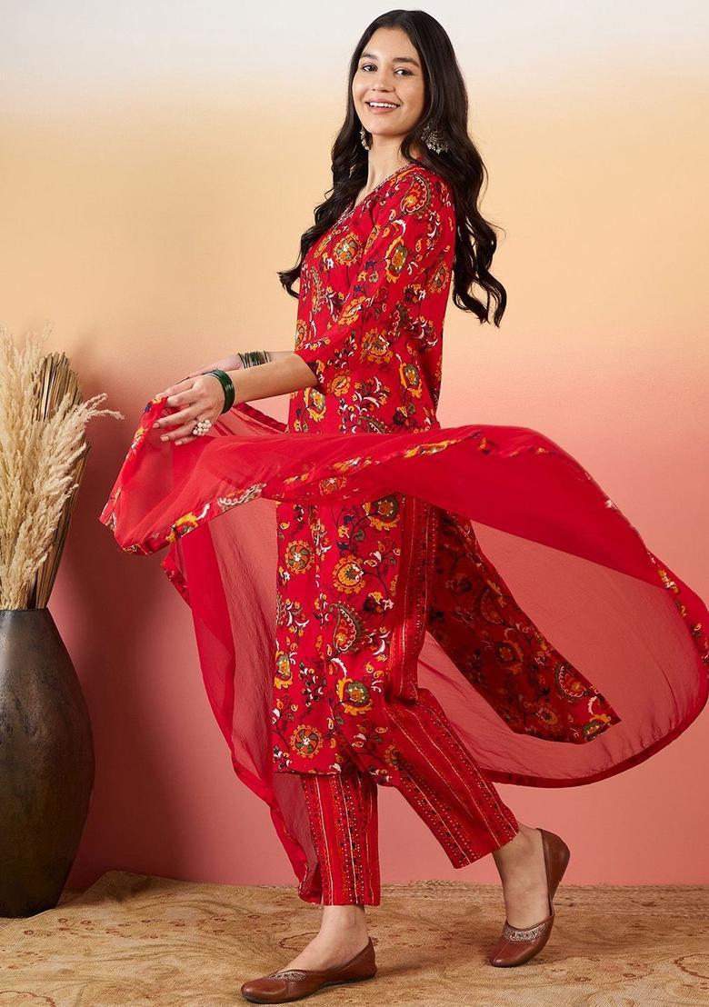 Red Printed Viscose Kurta Set - Indya