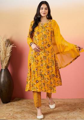 Mustard Printed Viscose Kurta Set