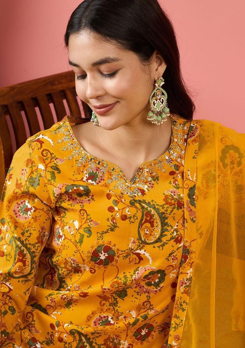 Mustard Printed Viscose Kurta Set - Indya