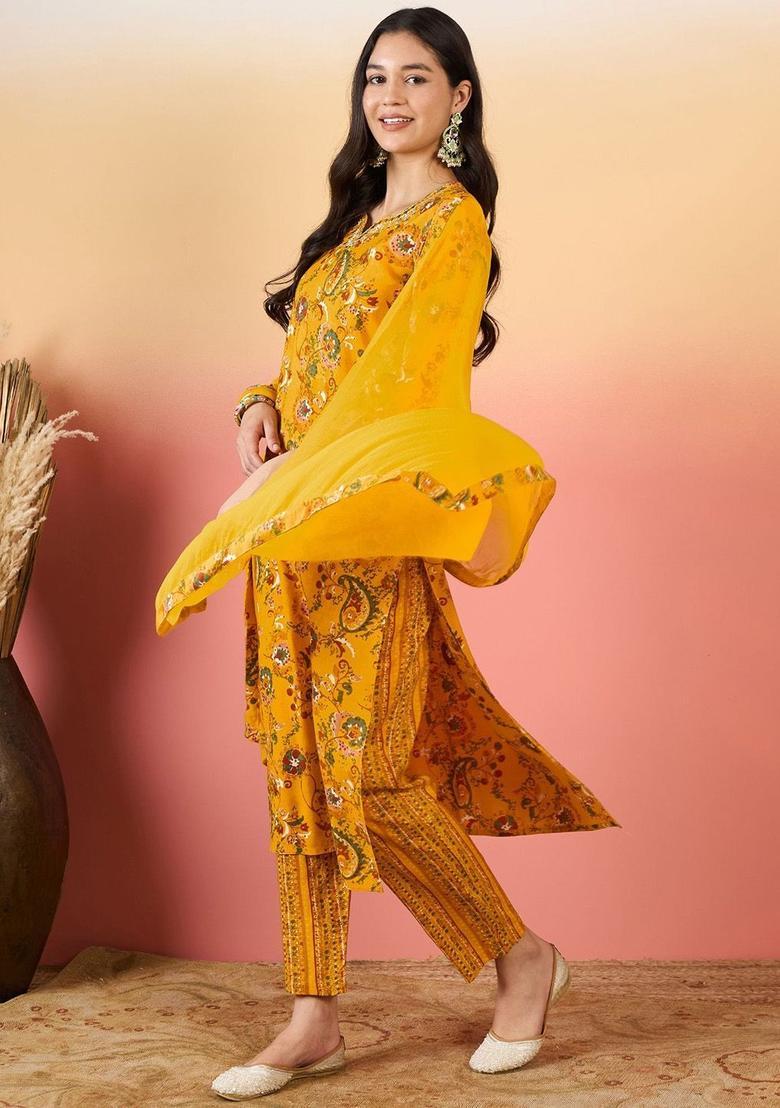 Mustard Printed Viscose Kurta Set - Indya