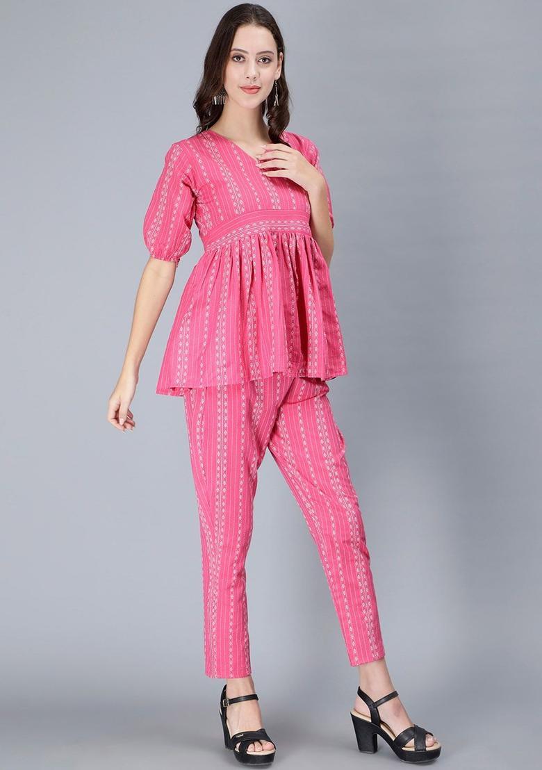 Pink Woven Design Cotton Kurta Set - Indya
