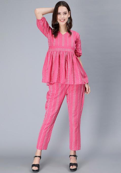 Pink Woven Design Cotton Kurta Set