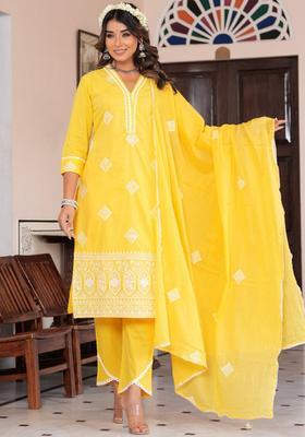 Yellow Embroidered Cotton Kurta Set