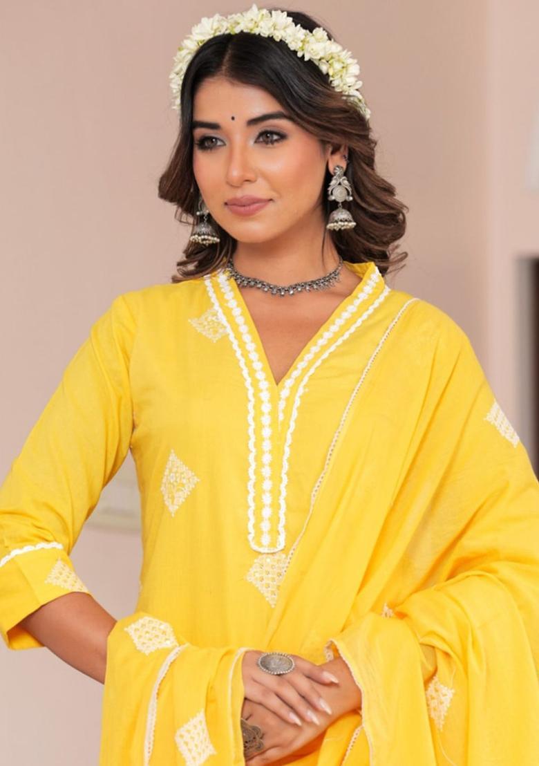 Yellow Embroidered Cotton Kurta Set - Indya