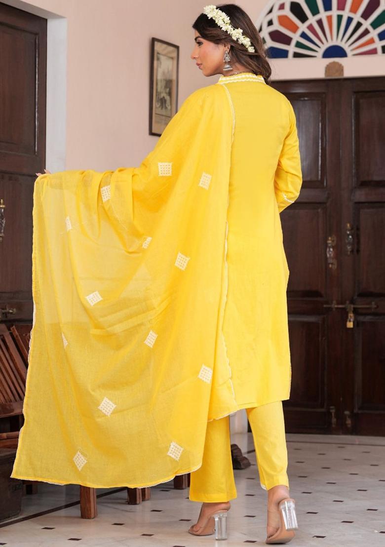 Yellow Embroidered Cotton Kurta Set - Indya