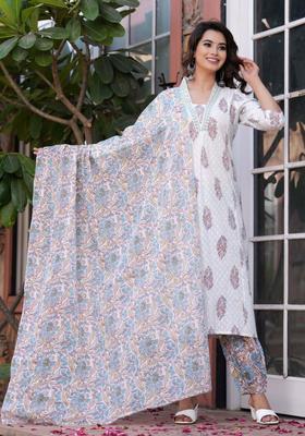 White Printed Cotton Kurta Set