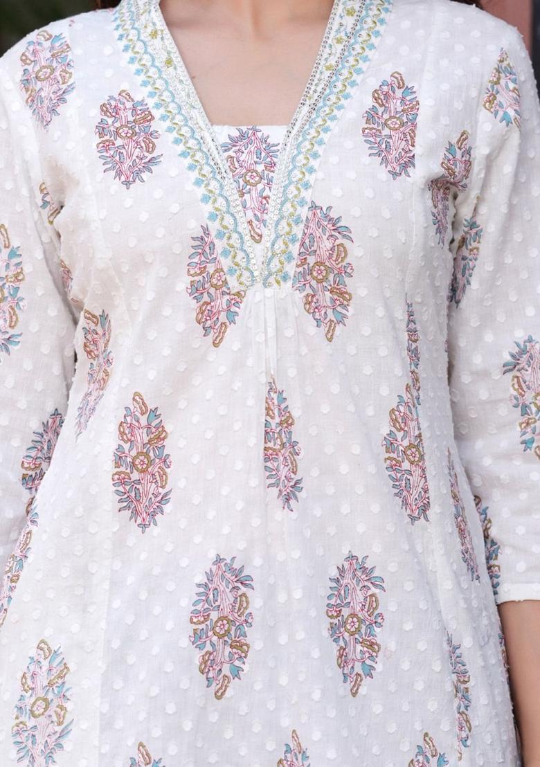 White Printed Cotton Kurta Set - Indya