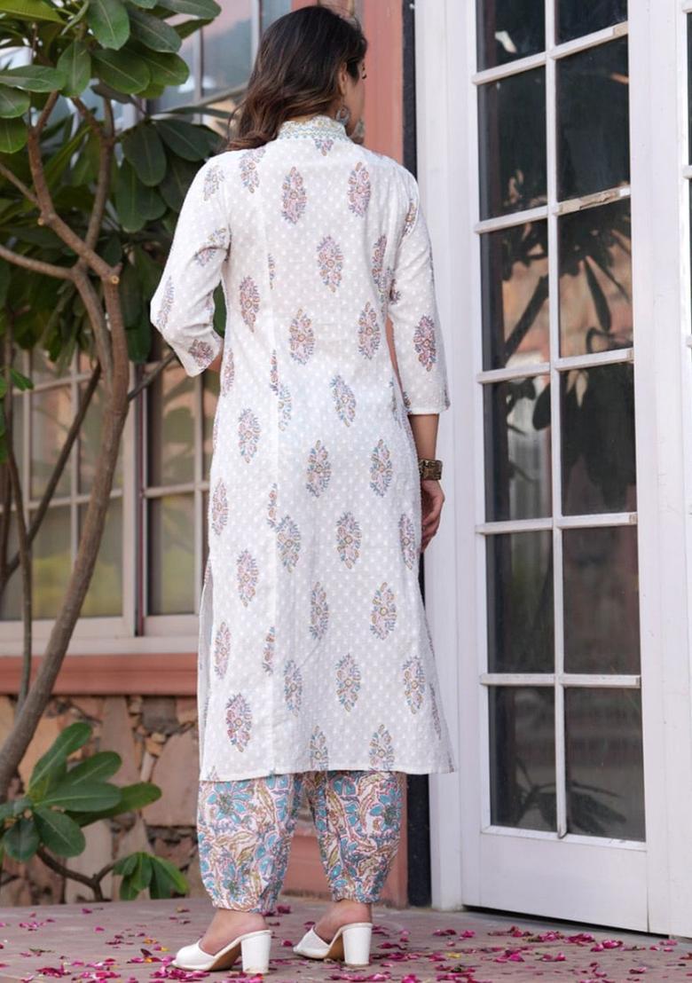 White Printed Cotton Kurta Set - Indya