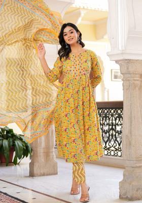 Yellow Printed Cotton Kurta Set