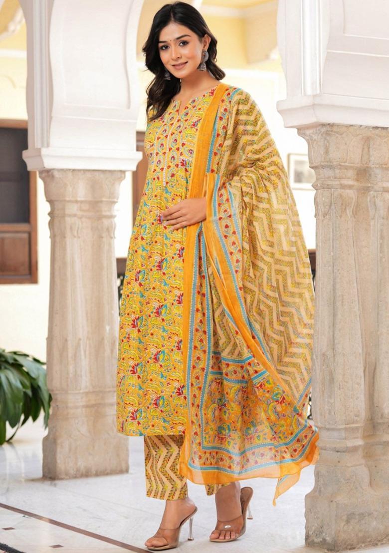 Yellow Printed Cotton Kurta Set - Indya