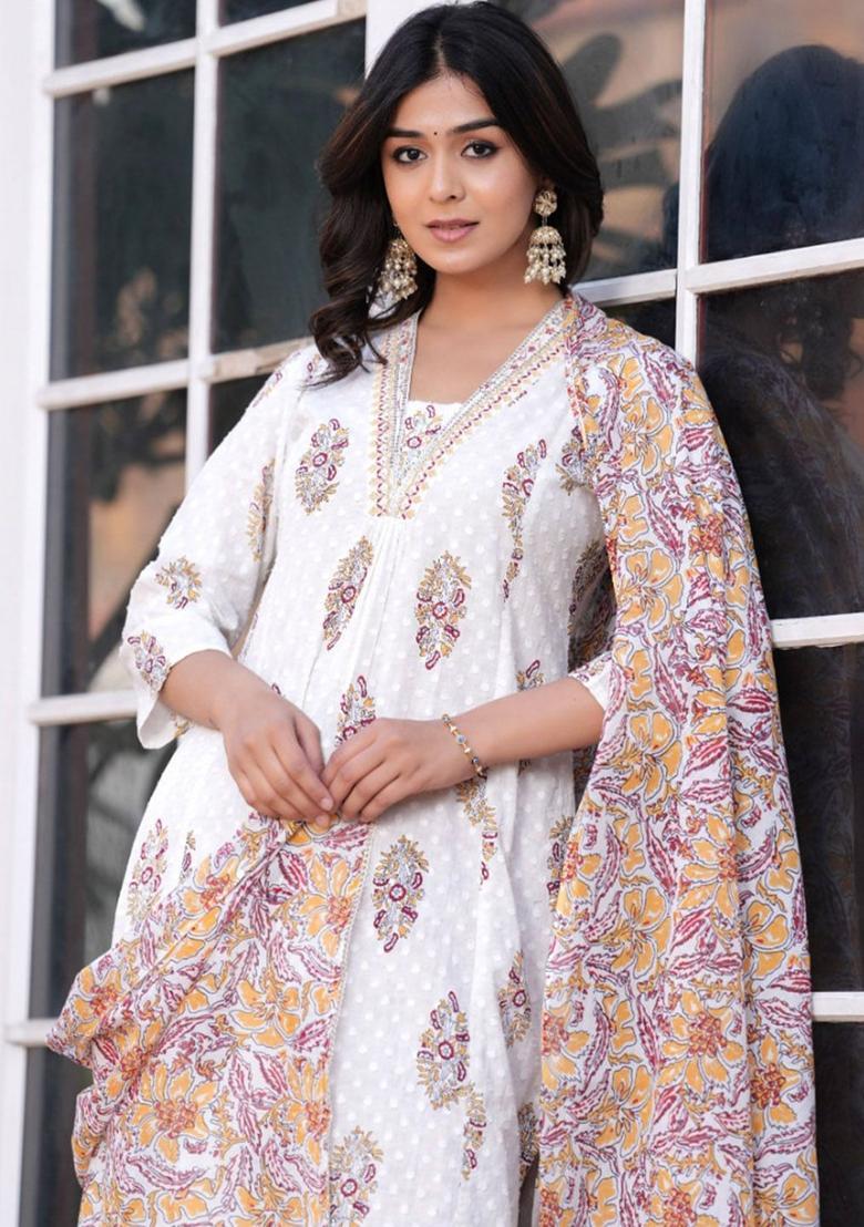 White Printed Cotton Kurta Set - Indya