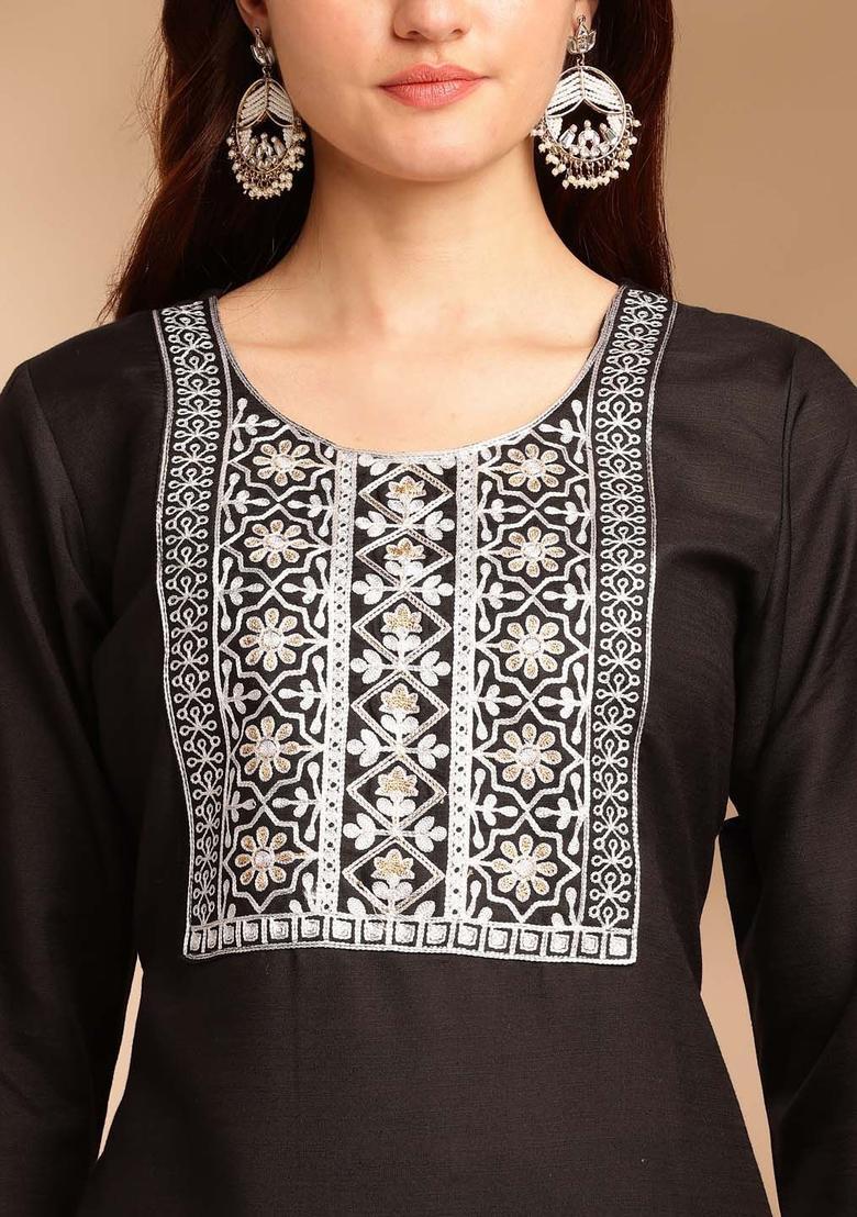 Black Yoke Design Cotton Kurta Set - Indya
