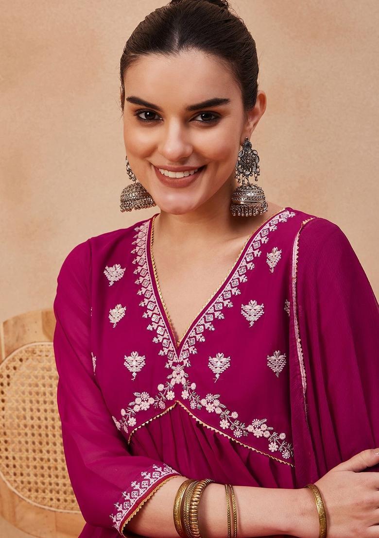 Pink Embroidered Georgette Anarkali Set - Indya