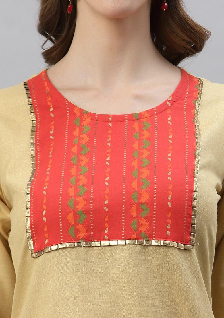 Beige Yoke Design Cotton Kurta Set - Indya