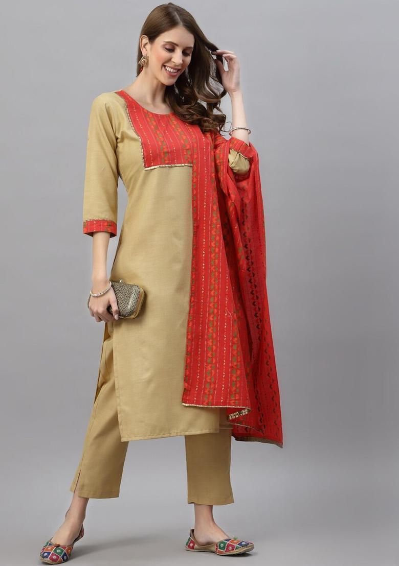 Beige Yoke Design Cotton Kurta Set - Indya