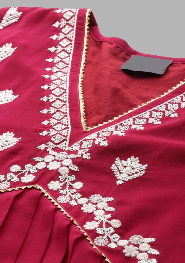 Pink Embroidered Georgette Kurta Set - Indya