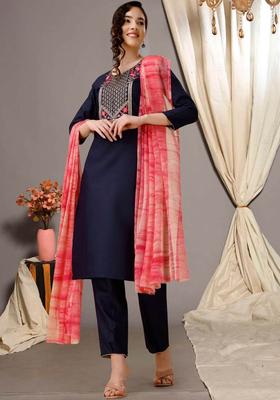 Navy Blue Embroidered Cotton Kurta Set