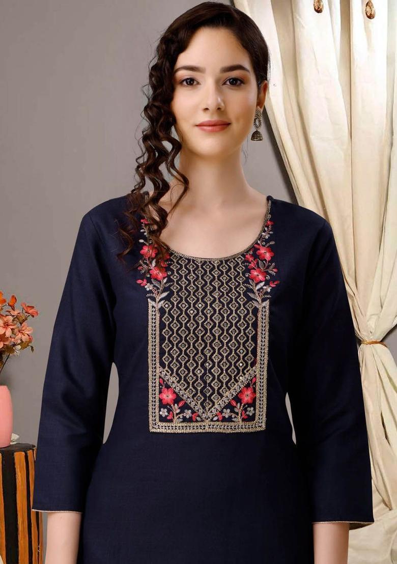 Navy Blue Embroidered Cotton Kurta Set - Indya