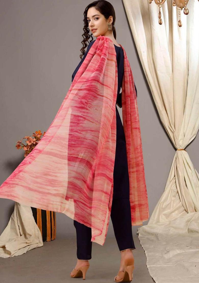 Navy Blue Embroidered Cotton Kurta Set - Indya