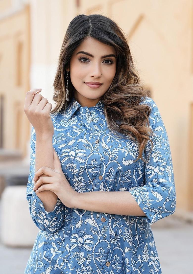 Blue Printed Cotton Kurta Set - Indya