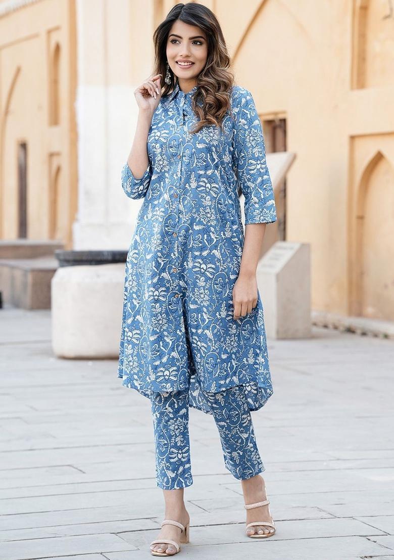 Blue Printed Cotton Kurta Set - Indya