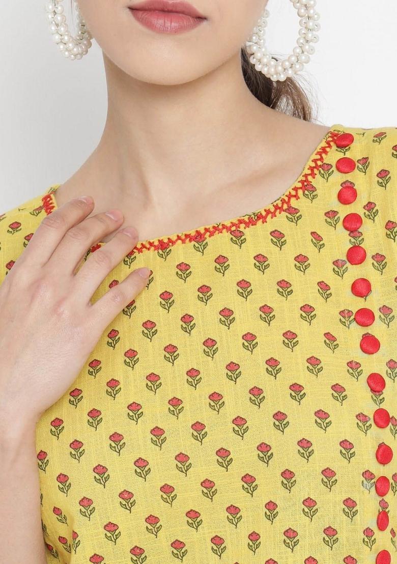 Yellow Printed Cotton Kurta Set - Indya