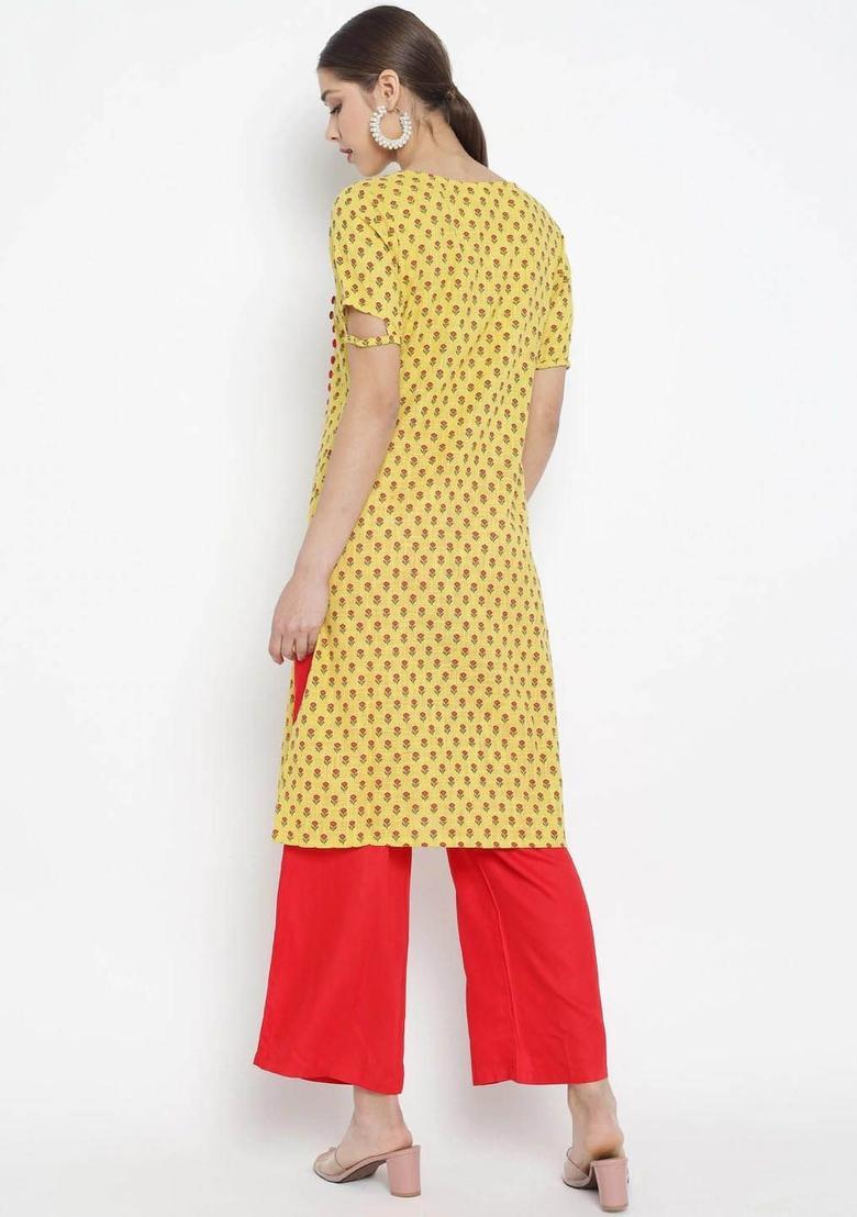 Yellow Printed Cotton Kurta Set - Indya