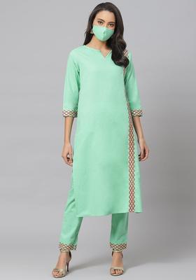 Sea Green Embroidered Cotton Kurta Set