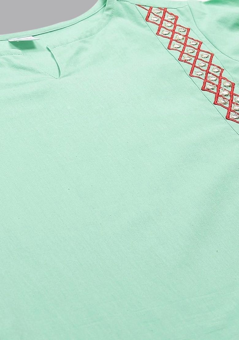 Sea Green Embroidered Cotton Kurta Set - Indya