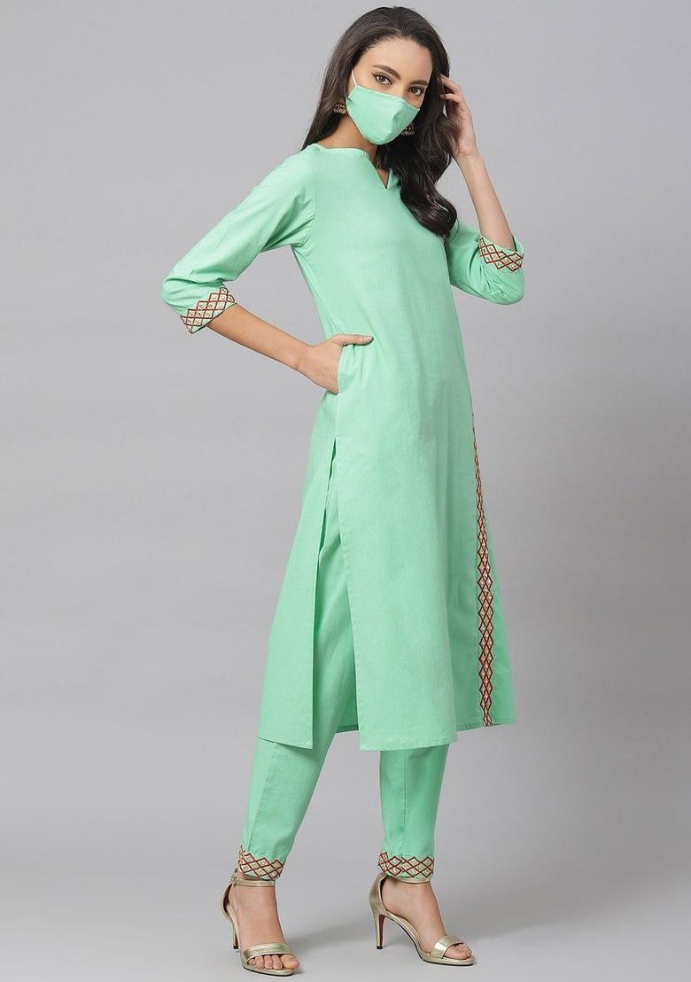 Sea Green Embroidered Cotton Kurta Set - Indya