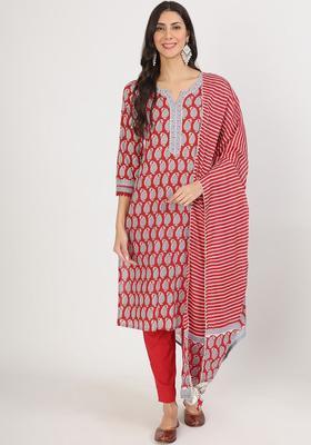 Red Printed Cotton Kurta Set