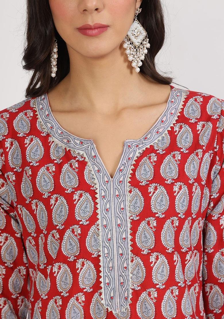 Red Printed Cotton Kurta Set - Indya