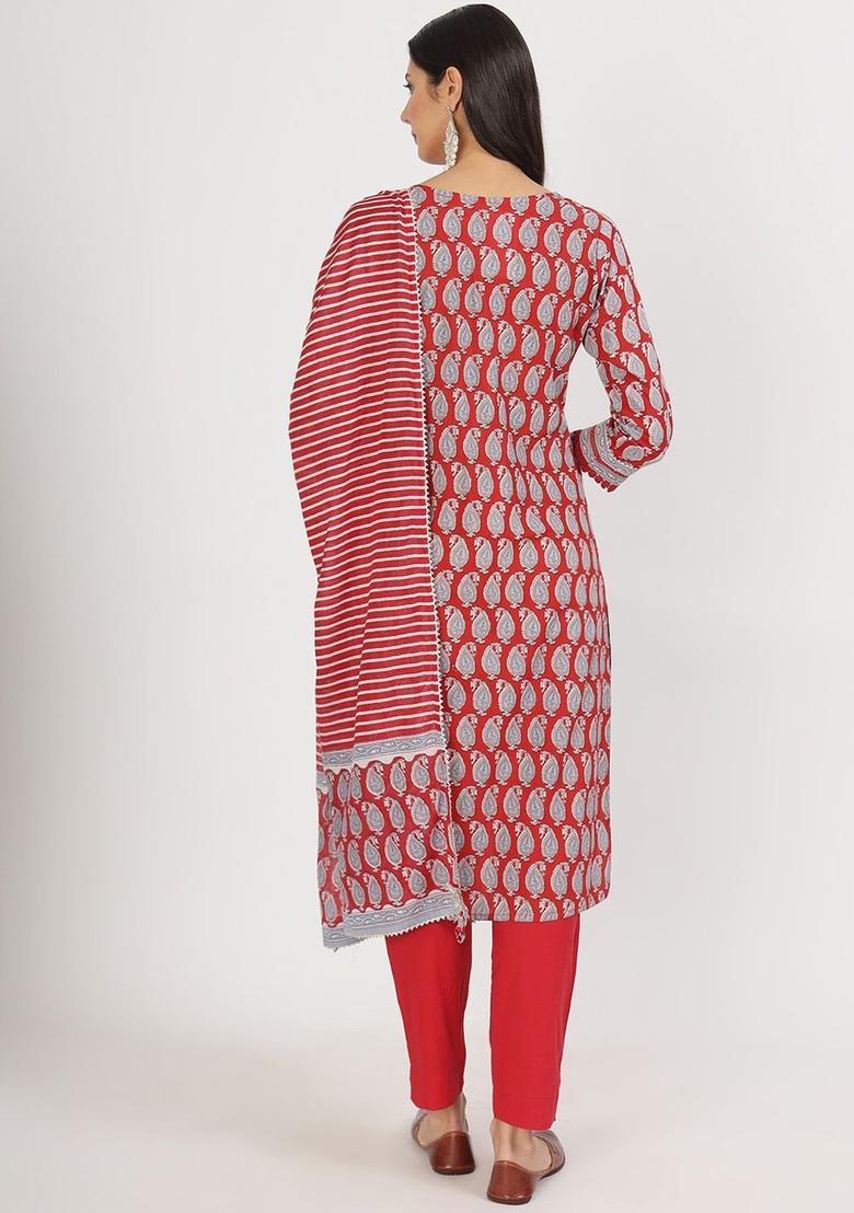 Red Printed Cotton Kurta Set - Indya