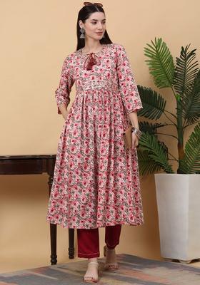 Pink Printed Viscose Kurta Set