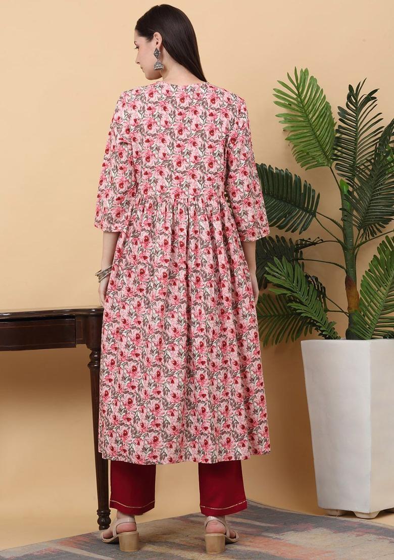 Pink Printed Viscose Kurta Set - Indya