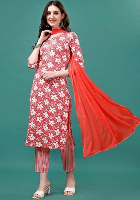 Orange Printed Cotton Kurta Set