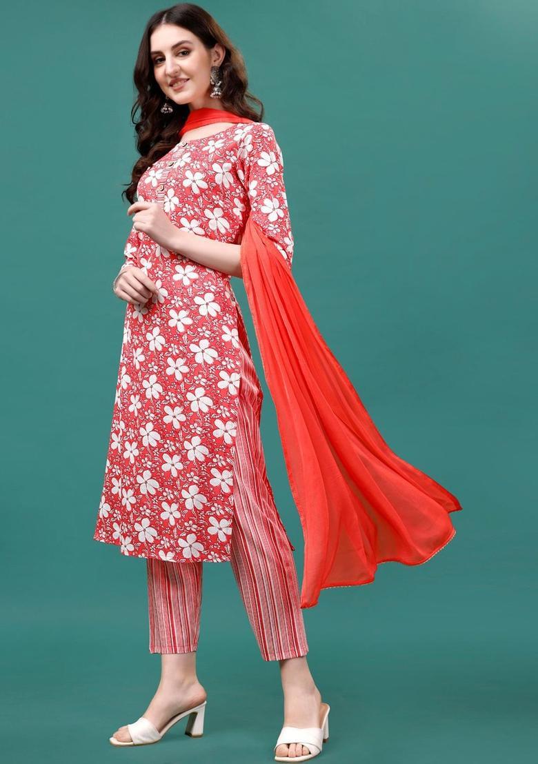 Orange Printed Cotton Kurta Set - Indya