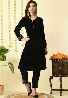 Black Solid Velvet Kurta Set