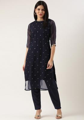 Navy Blue Embroidered Cotton Kurta Set