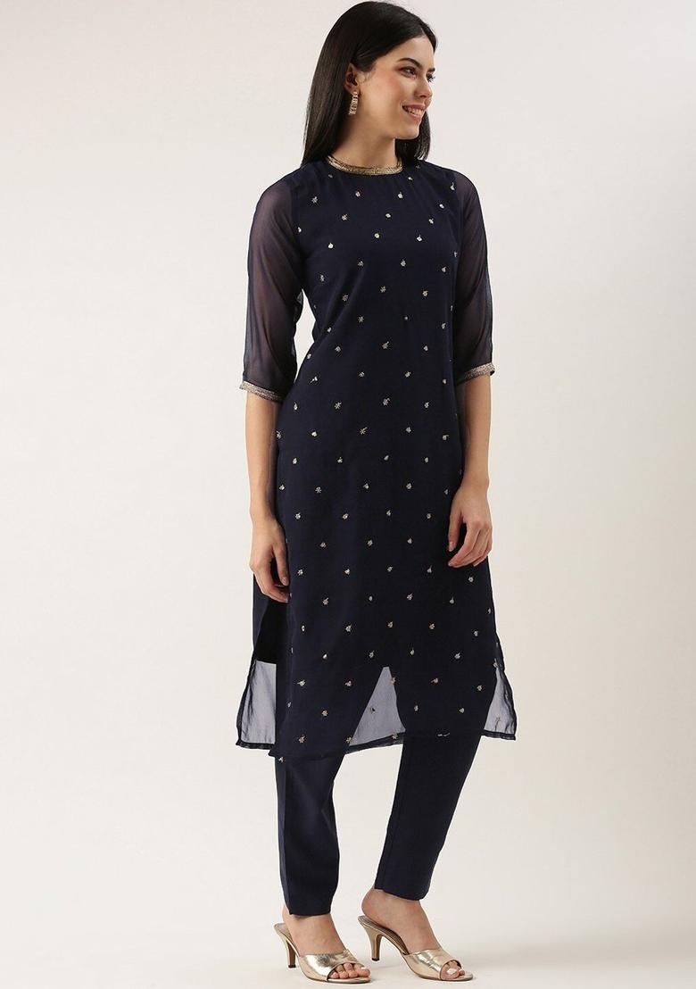 Navy Blue Embroidered Cotton Kurta Set - Indya
