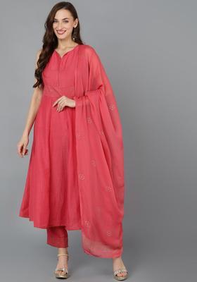 Peach Solid Silk Blend Kurta Set