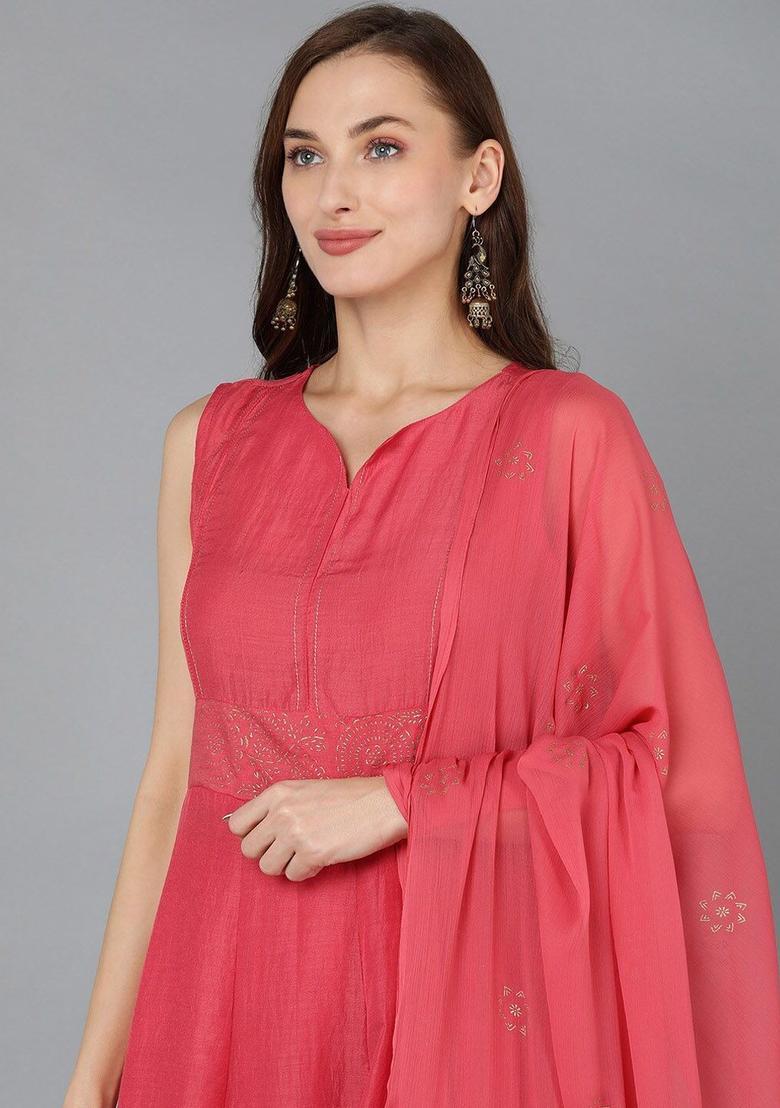 Peach Solid Silk Kurta Set - Indya