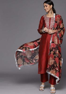 Maroon Yoke Design Silk Kurta Set