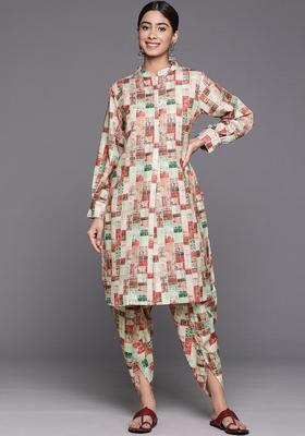 Beige Printed Viscose Kurta Set